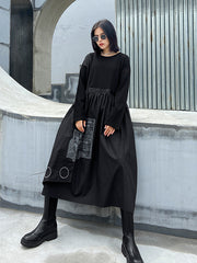 Women Round Neck Solid Color Long Sleeve Dress