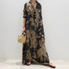 Retro Printed V Neck Maxi Dress