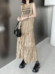 Pleated Asymmetric Round-Neck Letter Print Vest Top + A-Line High Waisted Skirt Two Pieces Set