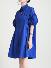 Solid Color Slim Buttoned Short Sleeve Puff Sleeve Dress