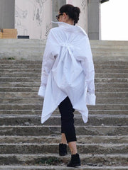 White Split-Back Lapel V-Neck Blouse