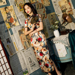 Printed Diagonal Lapel Slimming Fashion Standing Neck Cheongsam Maxi Dress