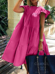 Solid Ruffled Casual Midi Dress