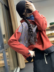 Women Stitching Printed Loose Hooded Plus Fleece Sweater