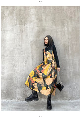 Women Retro Print Loose Strap Dress
