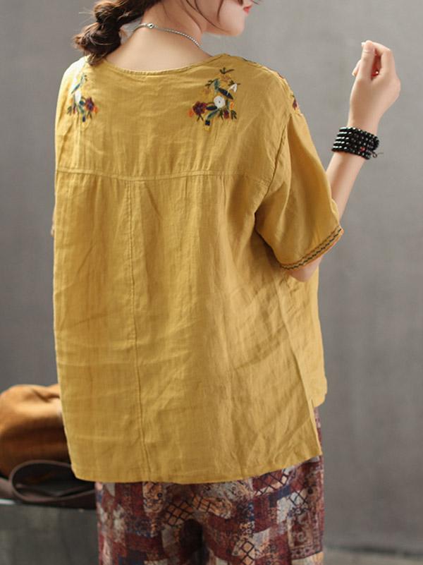 Vintage Embroidered Linen Round Collar T-Shirt