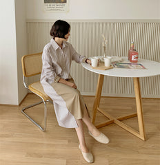 Women Loose Casual Stitching Contrast Striped Shirt Dress