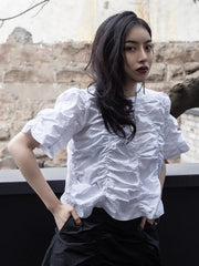 Loose Pleated Solid Puff Sleeve T-Shirt