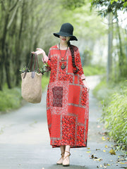 Retro Round Neck Plaid Print Midi Dress