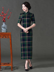 Vintage Plaid Split-Side Long Cheongsams