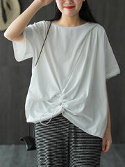 Solid Color Splicing Cropped Pleated T-Shirt