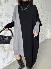 Asymmetric Contrast Color Split-Joint Batwing Sleeves Long Sleeves High Neck Sweater Dresses Midi Dresses