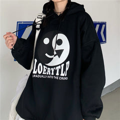 Women Printed Loose Hooded Plus Fleece Sweatshirt