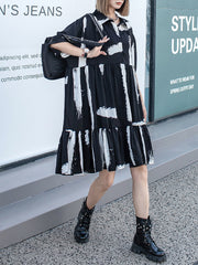 Roomy Short Sleeves Contrast Color Falbala Polo Midi Dresses