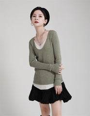 Stitching Contrast Color Fake Two-Piece Long Sleeve Sweater