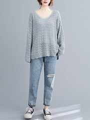 Women Loose V-Neck Cutout Pullover Sweater