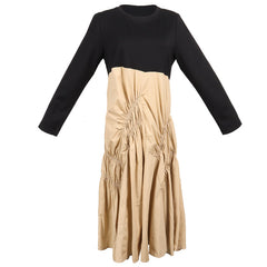 Retro Contrast Color Pleated Long Sleeve Midi Dress