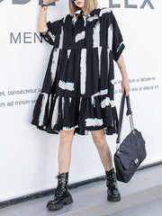 Roomy Short Sleeves Contrast Color Falbala Polo Midi Dresses