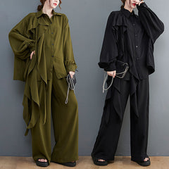 Two-Piece Solid Color Shirt And Wide-Leg Pants Casual Suit
