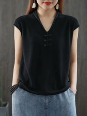 Solid V-Neck Knitting Vintage Button T-Shirt