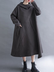 Fleece Thick Hooded Irregular Stitching Casual Midi Dress