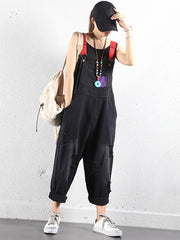 Solid Frayed Holes Suspender Jumpsuits