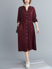 Comfortable Solid V-Neck Shirt Dress