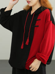 Retro Long Sleeve Drawstring Color Block Sweatshirt