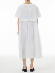 Roomy Short Sleeves Gauze Pleated Polka-Dot Stamped Split-Joint Round-Neck Midi Dresses