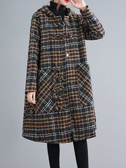 Coil Button Hooded Plaid Coat