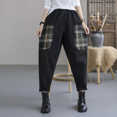 Retro Loose Stitching Pocket Plaid Jeans