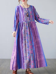 Printed Literary Round Neck Drawstring Maxi Dress