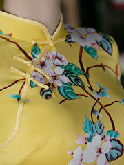 National Flower Printed Brilliant Yellow Short Slim Cheongsam Dress