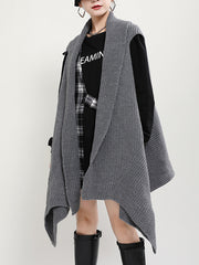 Women Lapel Solid Color Sleeveless Irregular Sweater