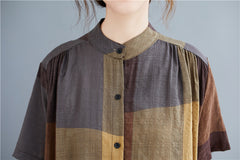 Vintage Stand Collar Loose Plaid Shirt Dress