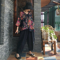 Retro Floral V-Neck Long Sleeve Shirt
