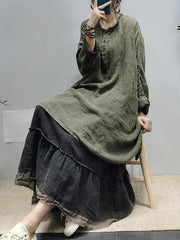Retro Solid Color Washed Older Long Sleeve Midi Dress