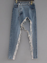 Original Irregularity Fringed Split-Front Denim Skirt