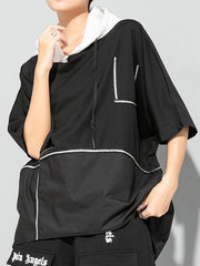 Contrast Stitching Bat Sleeve Hooded Short-Sleeved T-Shirt Tops