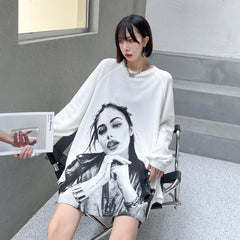 Printed Slit Design Loose Long Sleeve T-Shirt