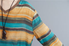 Ramie Cotton Striped V-Neck T-Shirt