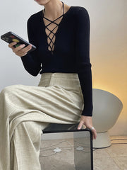 Cross Lacing V-Neck Knitted Long Sleeves T-Shirt