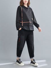 Women Loose Drawstring Pocket Stitching Hooded Sweatshirt