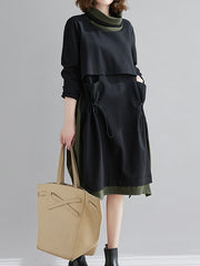 Women Color Block High Neck Loose Dress
