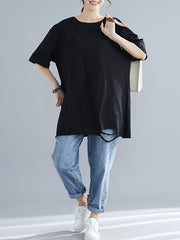Loose Solid Hole Round Neck T-Shirt