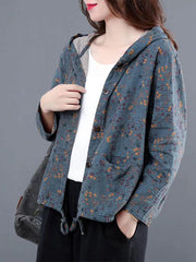 Women Retro Hooded Print Casual Coat