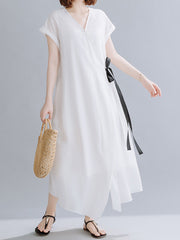 Solid Color V-Neck Tie Raglan Sleeve Plus Size Maxi Dress