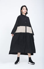 Stand-Up Collar Cotton And Linen Stitching Contrast Midi Dress