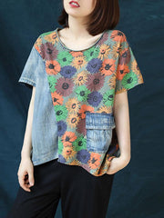Vintage Cropped Floral Split-Joint Denim T-Shirt