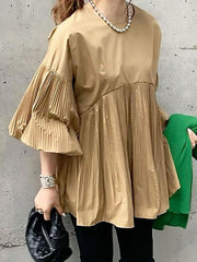 Pleated Flower Bud sSeeve Three Dimensional Flared Sleeve Shirt